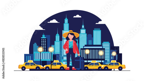 Flat illustration of a woman visiting Times Square in New York with taxis and skyscrapers. Perfect for travel, lifestyle, and global tourism themes