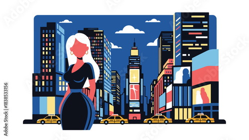Flat illustration of a woman visiting Times Square in New York with taxis and skyscrapers. Perfect for travel, lifestyle, and global tourism themes