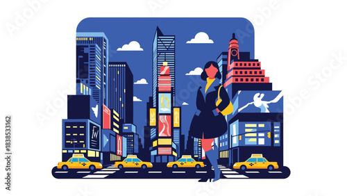 Flat illustration of a woman visiting Times Square in New York with taxis and skyscrapers. Perfect for travel, lifestyle, and global tourism themes