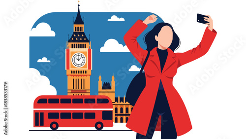 Flat illustration of a woman taking a selfie with Big Ben and a red bus passing by. Great for tourism, travel lifestyle, and iconic Europe destinations