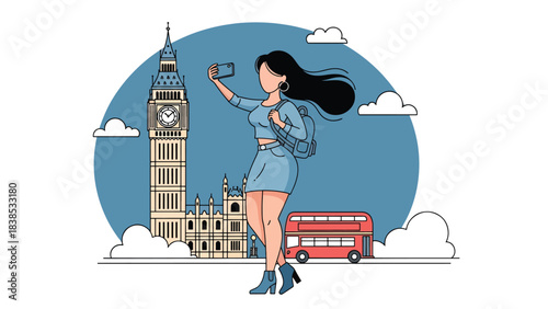 Flat illustration of a woman taking a selfie with Big Ben and a red bus passing by. Great for tourism, travel lifestyle, and iconic Europe destinations