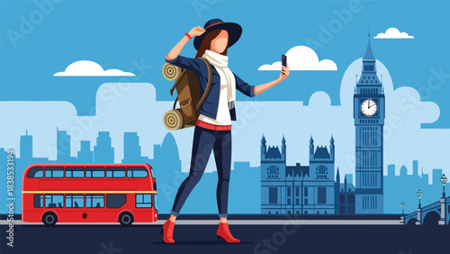 Flat illustration of a woman taking a selfie with Big Ben and a red bus passing by. Great for tourism, travel lifestyle, and iconic Europe destinations