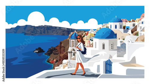 Flat illustration of a woman walking through Santorini’s blue domes and seaside cliffs. Ideal for relaxation, vacation, and Europe travel themes