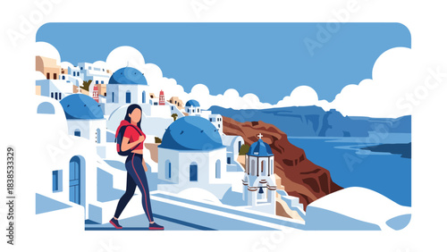 Flat illustration of a woman walking through Santorini’s blue domes and seaside cliffs. Ideal for relaxation, vacation, and Europe travel themes