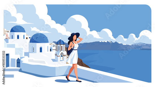 Flat illustration of a woman walking through Santorini’s blue domes and seaside cliffs. Ideal for relaxation, vacation, and Europe travel themes