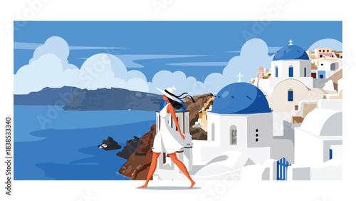 Flat illustration of a woman walking through Santorini’s blue domes and seaside cliffs. Ideal for relaxation, vacation, and Europe travel themes
