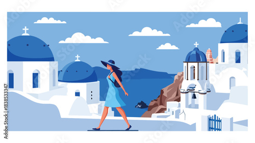 Flat illustration of a woman walking through Santorini’s blue domes and seaside cliffs. Ideal for relaxation, vacation, and Europe travel themes