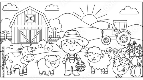 Charming farm scene with animals and farmer in outline style