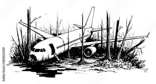 crashed airplane abandoned forest sketch vector