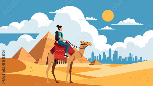 Flat illustration of a woman riding a camel near the Egyptian pyramids and desert dunes. Ideal for cultural tourism and ancient world travel themes