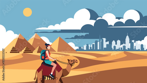 Flat illustration of a woman riding a camel near the Egyptian pyramids and desert dunes. Ideal for cultural tourism and ancient world travel themes