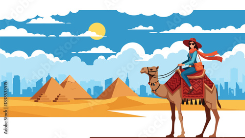 Flat illustration of a woman riding a camel near the Egyptian pyramids and desert dunes. Ideal for cultural tourism and ancient world travel themes