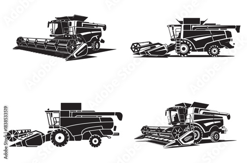 Combine Harvester Silhouette Vector Icon Set, Agricultural Machinery, Harvesting and Farming Equipment Design
