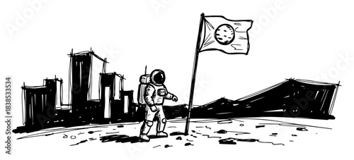 astronaut planting flag on alien terrain city skyline vector shape silhouette