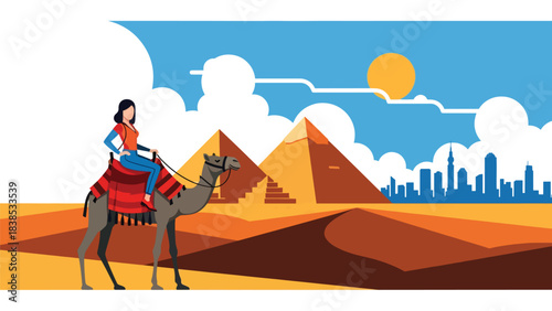 Flat illustration of a woman riding a camel near the Egyptian pyramids and desert dunes. Ideal for cultural tourism and ancient world travel themes