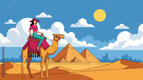 Flat illustration of a woman riding a camel near the Egyptian pyramids and desert dunes. Ideal for cultural tourism and ancient world travel themes