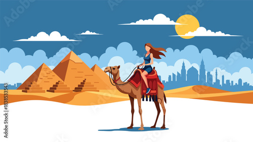 Flat illustration of a woman riding a camel near the Egyptian pyramids and desert dunes. Ideal for cultural tourism and ancient world travel themes
