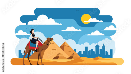 Flat illustration of a woman riding a camel near the Egyptian pyramids and desert dunes. Ideal for cultural tourism and ancient world travel themes