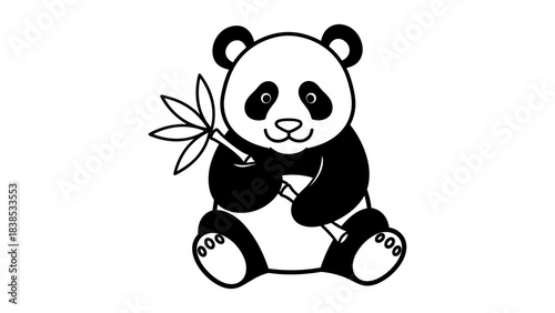 Cute panda holding bamboo: simple black and white animal design