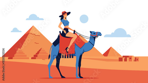 Flat illustration of a woman riding a camel near the Egyptian pyramids and desert dunes. Ideal for cultural tourism and ancient world travel themes