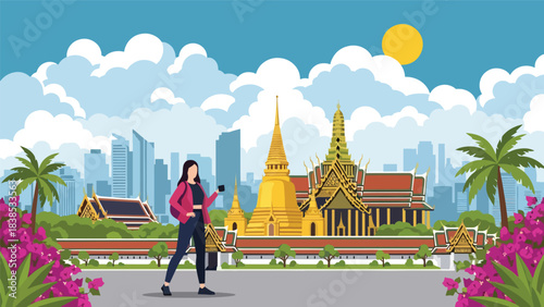Flat illustration of a woman visiting Bangkok’s Grand Palace with tropical plants and temple roofs. Suitable for Asia travel and cultural tourism designs