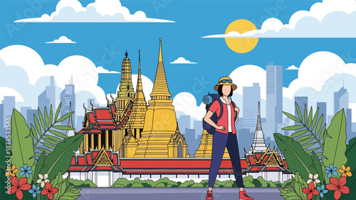 Flat illustration of a woman visiting Bangkok’s Grand Palace with tropical plants and temple roofs. Suitable for Asia travel and cultural tourism designs