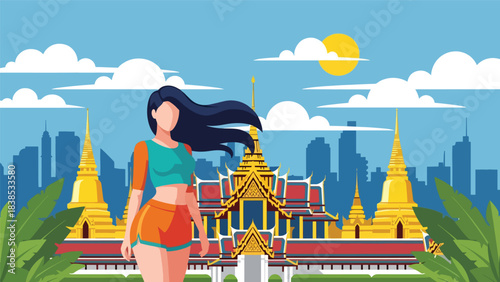 Flat illustration of a woman visiting Bangkok’s Grand Palace with tropical plants and temple roofs. Suitable for Asia travel and cultural tourism designs