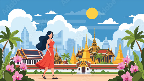 Flat illustration of a woman visiting Bangkok’s Grand Palace with tropical plants and temple roofs. Suitable for Asia travel and cultural tourism designs