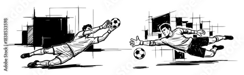 goalkeeper save and striker shot sketch vector