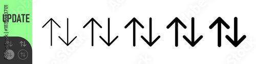Twin up and down arrows icon set representing exchange, transfer, update, sync, data flow, and direction changes, colorful set of vector icons, outline, and solid styles