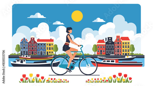 Flat illustration of a woman riding a bicycle along Amsterdam canals with tulips and colorful houses. Ideal for travel, lifestyle, and Europe tourism themes