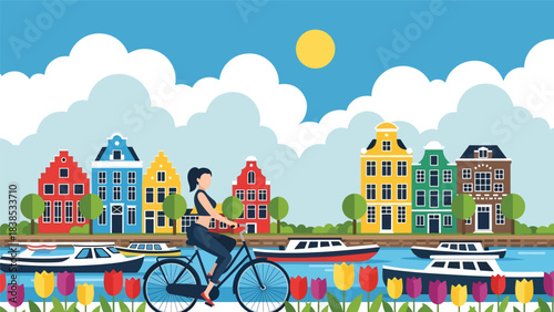 Flat illustration of a woman riding a bicycle along Amsterdam canals with tulips and colorful houses. Ideal for travel, lifestyle, and Europe tourism themes