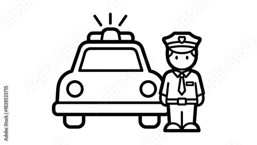 Minimalist police officer next to patrol car in linear style