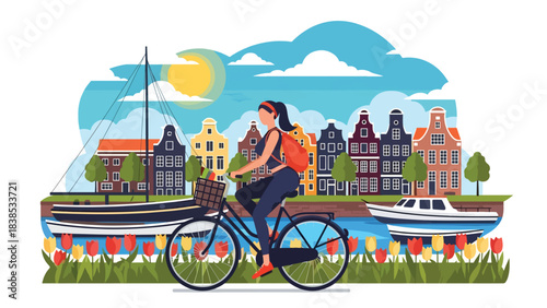 Flat illustration of a woman riding a bicycle along Amsterdam canals with tulips and colorful houses. Ideal for travel, lifestyle, and Europe tourism themes