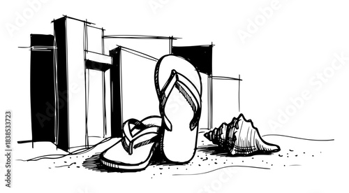 flip flops and seashell on beach sketch vector