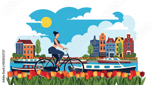 Flat illustration of a woman riding a bicycle along Amsterdam canals with tulips and colorful houses. Ideal for travel, lifestyle, and Europe tourism themes