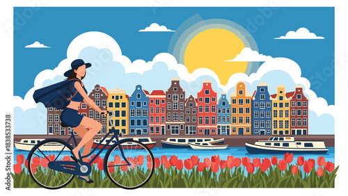 Flat illustration of a woman riding a bicycle along Amsterdam canals with tulips and colorful houses. Ideal for travel, lifestyle, and Europe tourism themes