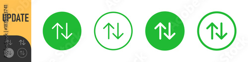 Twin up and down arrows icon set representing exchange, transfer, update, sync, data flow, and direction changes, colorful set of vector icons, outline, and solid styles