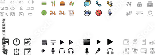 Assortment of flat icons for navigation, finance, and media