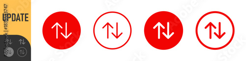 Twin up and down arrows icon set representing exchange, transfer, update, sync, data flow, and direction changes, colorful set of vector icons, outline, and solid styles