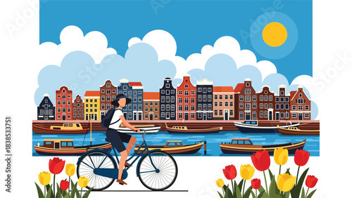 Flat illustration of a woman riding a bicycle along Amsterdam canals with tulips and colorful houses. Ideal for travel, lifestyle, and Europe tourism themes