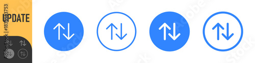 Twin up and down arrows icon set representing exchange, transfer, update, sync, data flow, and direction changes, colorful set of vector icons, outline, and solid styles