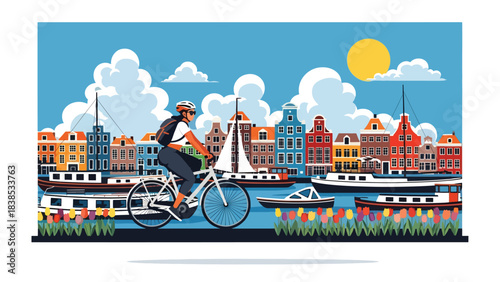 Flat illustration of a woman riding a bicycle along Amsterdam canals with tulips and colorful houses. Ideal for travel, lifestyle, and Europe tourism themes
