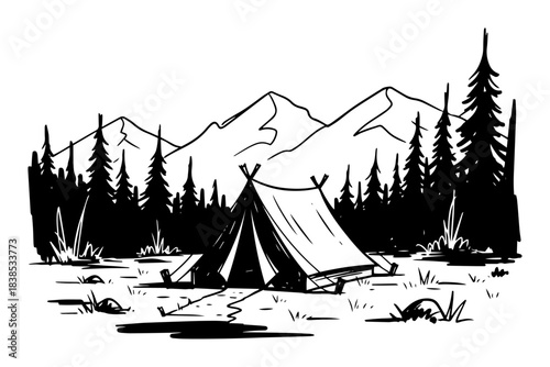 camping tent in mountains forest sketch vector