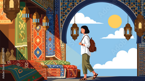 Flat illustration of a woman exploring a Moroccan bazaar with carpets, mosaic patterns, and lanterns. Perfect for cultural tourism and travel art