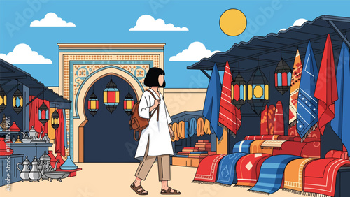 Flat illustration of a woman exploring a Moroccan bazaar with carpets, mosaic patterns, and lanterns. Perfect for cultural tourism and travel art