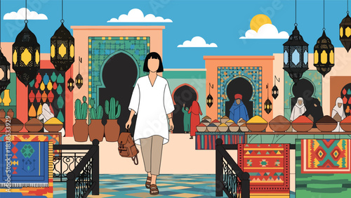 Flat illustration of a woman exploring a Moroccan bazaar with carpets, mosaic patterns, and lanterns. Perfect for cultural tourism and travel art