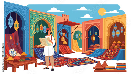 Flat illustration of a woman exploring a Moroccan bazaar with carpets, mosaic patterns, and lanterns. Perfect for cultural tourism and travel art