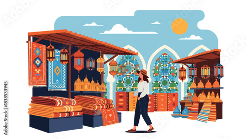 Flat illustration of a woman exploring a Moroccan bazaar with carpets, mosaic patterns, and lanterns. Perfect for cultural tourism and travel art