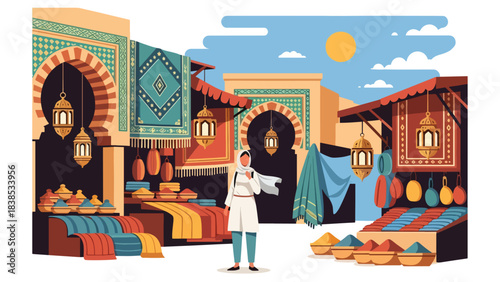 Flat illustration of a woman exploring a Moroccan bazaar with carpets, mosaic patterns, and lanterns. Perfect for cultural tourism and travel art